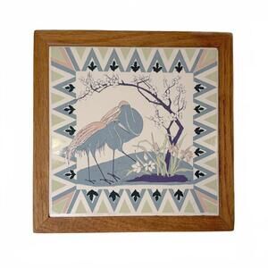 Vintage Pozzi-Ginori Made in Italy Heron Ceramic Art Tile in Canadian Oak Frame